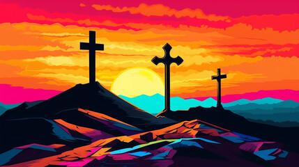 A colorful pop art painting depicting three Christian crosses on a small hill in the desert at sunset. Abstract image. Christianity. Generative AI.