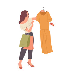 Happy woman character choosing new dress in fashion boutique and buying with sale discount
