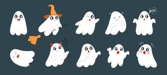 Cute cartoon ghost. Child ghosts, halloween funny creatures. Happy angry characters, spooky scary boo. Autumn festival or party classy vector set