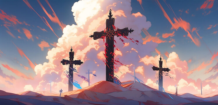 Christian illustration of crosses in the desert in anime style. Many crosses on the background of large clouds in pink and purple colors. Generative AI.