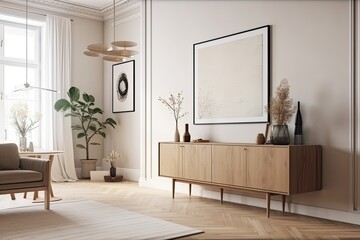 Interior with a contemporary sideboard for the living room, a white wall, a rug on the parquet floor, and minimalist accents. a mockup a modern, trendy design idea. Generative AI