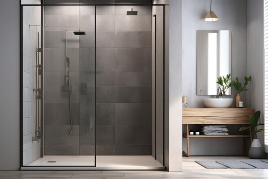 Interior with a grey shower room wall with glass doors and an empty wood frame. floor with light grey tiles. contemporary interior design idea. a mockup. Generative AI