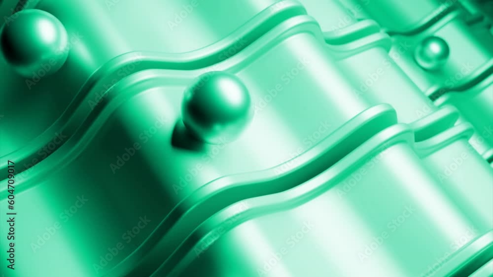 Poster abstract waving plastic green paths with jumping moving spheres. design. surreal background with rol