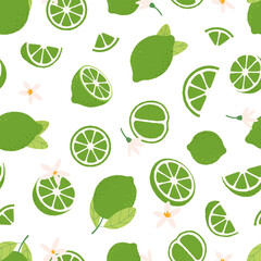 Fresh green limes, sour lime seamless pattern. mojito sliced and cutted ingredients. Vitamin food graphic fabric print, vector background
