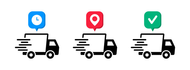 Delivery service icons. Delivery truck. Logistics delivery flat icons set. Express delivery. Fast shipping. Shipment of goods, tracking, approved parcel.