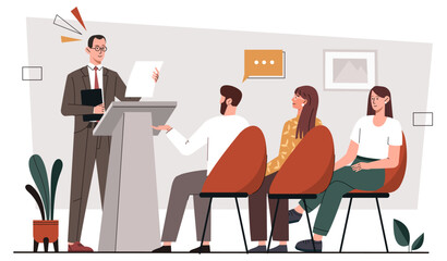 Public speaking concept. Young guys and girls sit and listen to man in suit and glasses. Lecture, master class and business presentation. Teacher with students. Cartoon flat vector illustration
