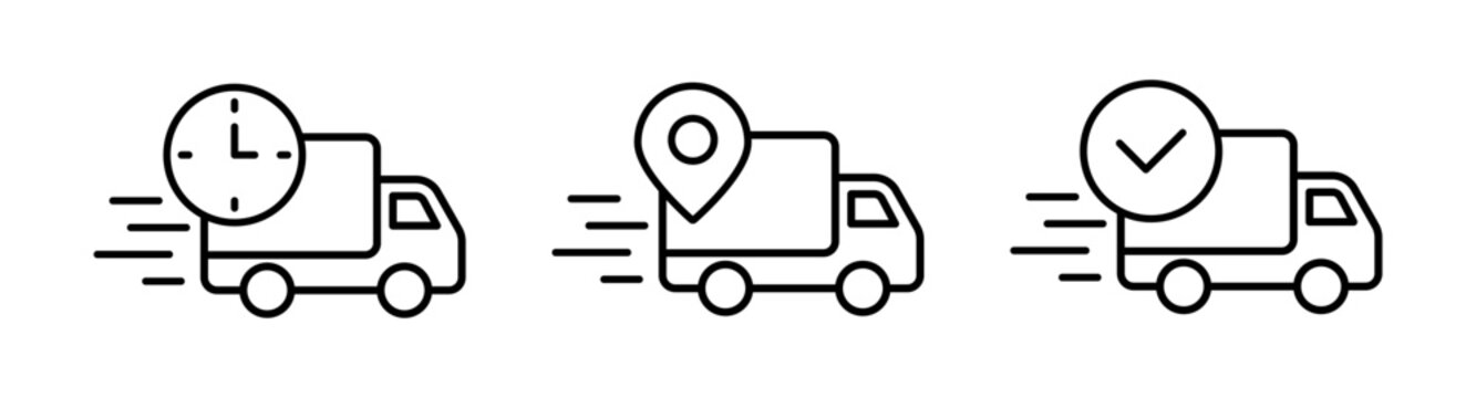 Delivery service line icons. Delivery truck. Logistics delivery flat icons set. Express delivery. Fast shipping. Shipment of goods, tracking, approved parcel.