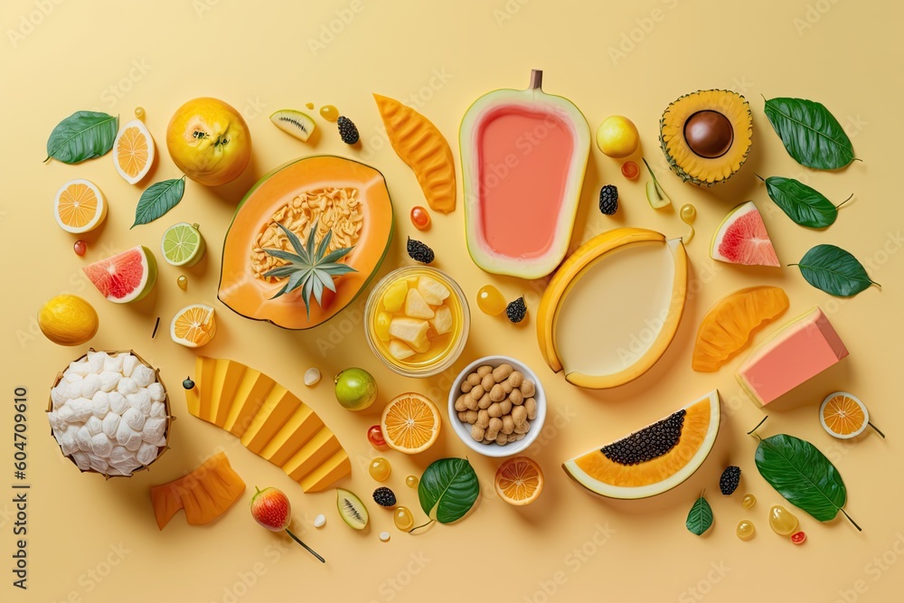 Wall mural assorted fruits and vegetables on a vibrant yellow background. Generative AI