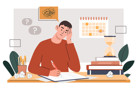 Student stress concept. Man sits with notebook and textbooks and writes with pencil. Young guy does his homework, prepares for test or examination. Cartoon flat vector illustration