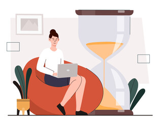 Working time concept. Women with laptop sits on couch next to hourglass. Organization of effective workflow and time management. Freelancer or remote employee. Cartoon flat vector illustration