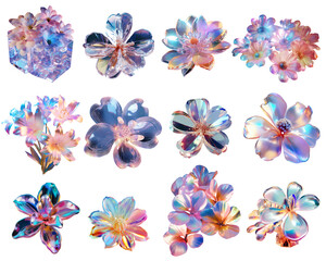  iridescent flowers on white background Generative AI
