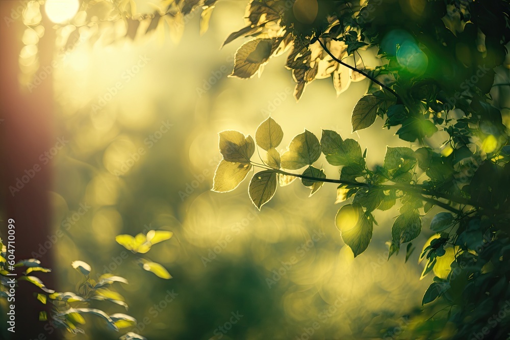 Poster sunlight filtering through the lush foliage of a tree. generative ai