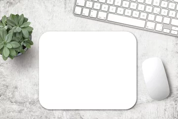 Foto auf Leinwand minimalist mousepad mockup with pad, mouse, keyboard and a potted succulent on a white wooden office desk, modern minimal workspace template for your product or design, top view / flat lay © Anja Kaiser
