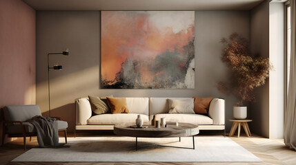 Stylish Living Room Interior with an Abstract Frame Poster, Modern interior design, 3D render, 3D illustration