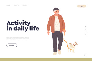 Activity in daily life concept for landing page design template with happy senior man walking dog