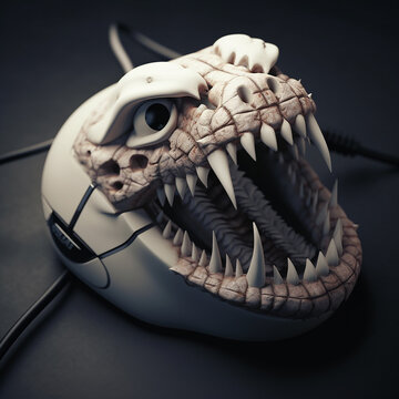 Predatory computer mouse, in the form of a scary skull with fangs, close-up, unusual creative design, ai generative