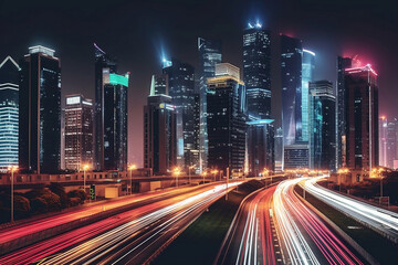 Fototapeta na wymiar Light trails above buildings, traffic at night, city at night, traffic in the city. Generative AI