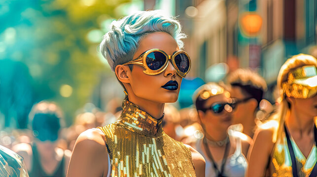 CSD LGBTQ Pride Parade, where Rainbow Colours dominate the scene all in glittering Costumes as Drag Queens or normal Generative AI Digital Art Illustration Background Magazin Cover 