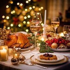 Fototapeta na wymiar Traditional festive dinner with delicious roasted turkey served on table, glasses, candles, bokeh. Generative AI