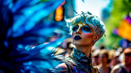 CSD LGBTQ Pride Parade, where Rainbow Colours dominate the scene all in glittering Costumes as Drag Queens or normal Generative AI Digital Art Illustration Background Magazin Cover 