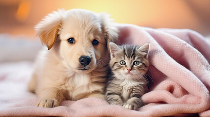 generative ai illustration of a puppy and a kitten under a soft light pink blanket - obrazy, fototapety, plakaty
