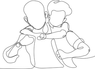 Hugs of a father with a child. One continuous line drawing banner, background, poster with family embrace. Happy Father Day simple vector illustration of child and father. Vector illustration