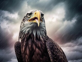 A breathtaking double exposure image of a fierce bald eagle superimposed on a dramatic cloudy sky Ca - obrazy, fototapety, plakaty