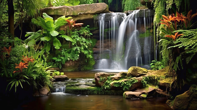 Waterfall hidden in the tropical jungle