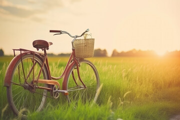 Fototapeta premium Landscape picture Vintage Bicycle with Summer grass field at sunset ; vintage filter style.classic bicycle,old bicycle style for greeting Cards ,post card