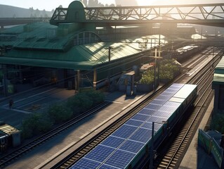 A bustling train station powered entirely by renewable energyphotografic realistic high resolution n