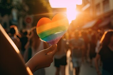 Close up of hands holding a rainbow-colored paper heart, symbolizing unity, love, and support within the LGBTQ+ community. Pride in the background.