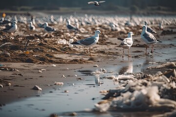 Water pollution: beach pollution, plastic waste, debris-covered shoreline, seagulls foraging for food, environmental contamination