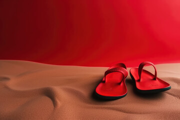 Obraz na płótnie Canvas Beach flip-flops on the red background with copy space. summer is coming concept