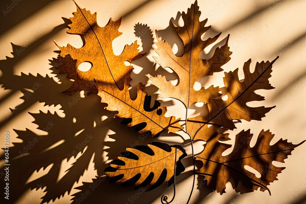 Poster single leaf casting a shadow on a plain wall. generative ai