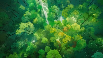 Top view of a lush forest with different shades of green vegetation creating abstract composition. Generative ai