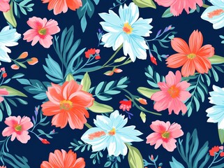 Colorful floral pattern over dark blue background. Generative AI illustration