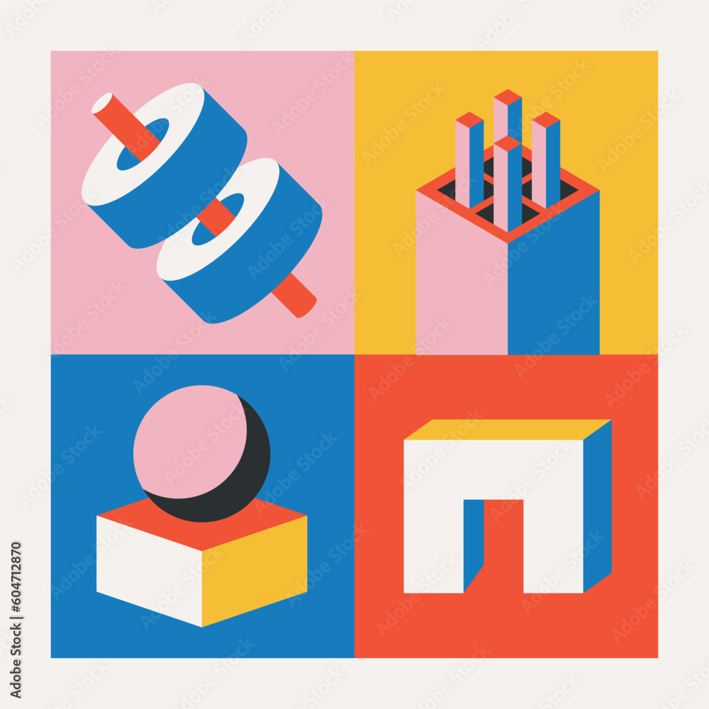 Poster abstract geometric shapes and lines create a dynamic bauhaus pattern with volumetric figures. precis