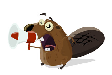 funny cartoon beaver with with megaphone - obrazy, fototapety, plakaty