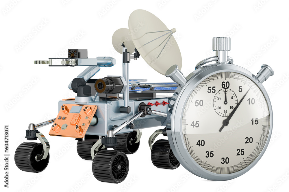Poster planetary rover with stopwatch, 3d rendering
