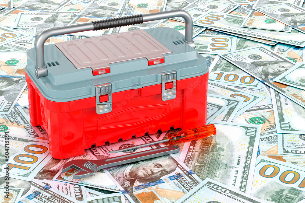 Poster toolbox on the dollars background, 3d rendering