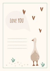 Printable vector card with cute goose with hearts for Valentine's day. Kids design. 