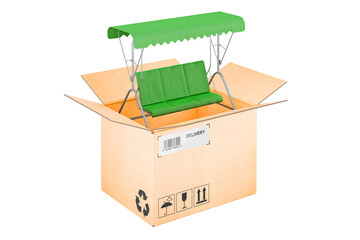 Garden swing inside cardboard box, delivery concept, 3D rendering