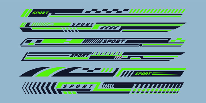 Sports racing stripes. Sports car, moto, boat stickers, striped vehicle tuning bars flat vector illustration set. Tuning racing sport decals