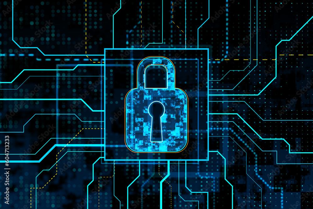 Poster Protect your digital assets with a powerful symbol of cyber security - a blue padlock. The neon-style design on a dark circuit background adds a futuristic touch to this 3D rendering.