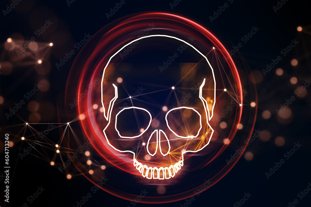 Poster red glowing skull digital illustration, dark screen texture background, hacking attack and ransomwar