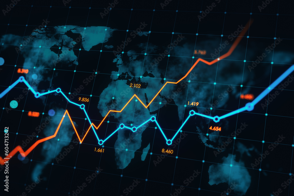 Poster Global economy growth and increase concept with rising digital red and blue financial chart graphs on dark world map background. 3D rendering