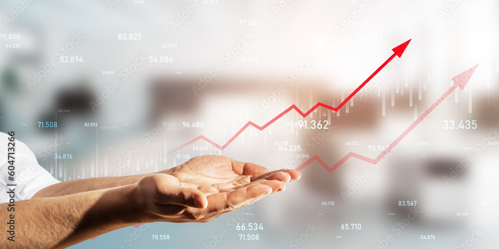 Aufkleber financial goal and sales targeting concept with a male hands presentation virtual economy diagram wi