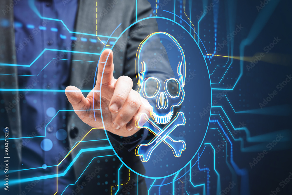 Poster close up of businessman hand pointing at digital skull hologram on blurry background. hacking, malwa