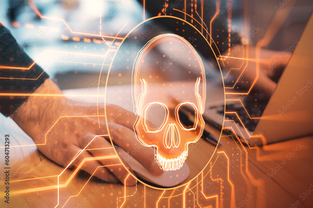 Poster close up of male hands using laptop mouse with digital skull hologram on blurry background. hacking,