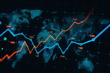 Global economy growth and increase concept with rising digital red and blue financial chart graphs on dark world map background. 3D rendering